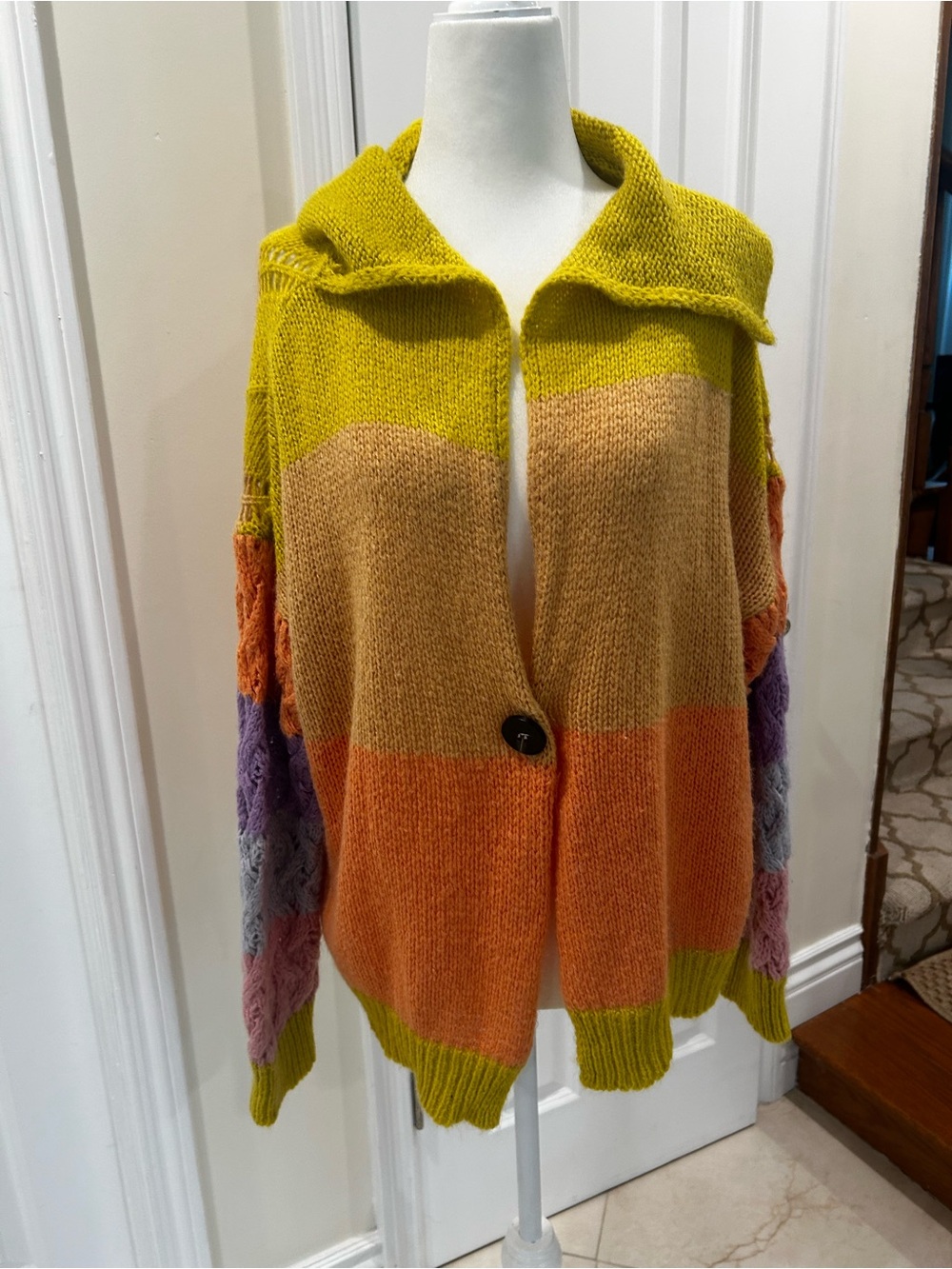 Storia Colorblock Mohair Blend Cardigan Oversized Boho Button Front - Picture 2 of 6